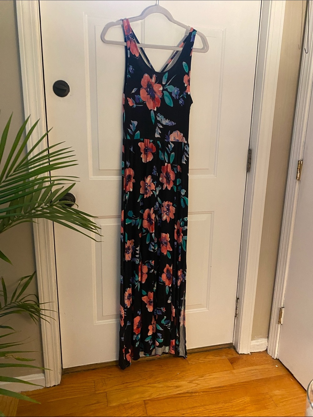 SO Black Maxi Dress with Coral and Teal Floral Print
